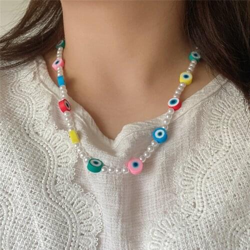 Trendy White Pearl Candy Colorful Eye Point Circle Polymer Clay Strand Necklace For Women Girl Cute Sweet Romantic Lovely Jewel