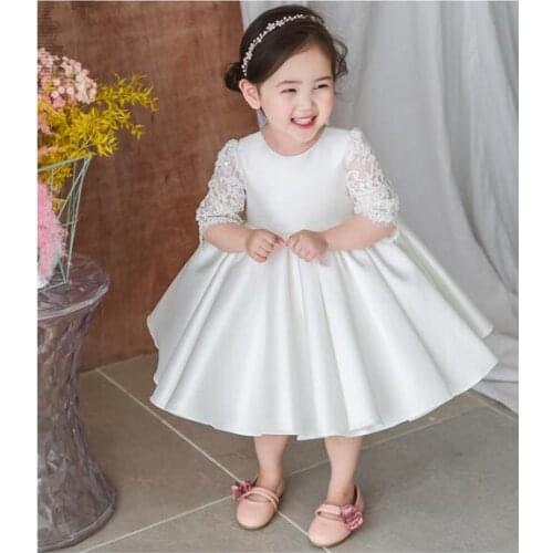 Baby Girls Dress Toddler Girls Party Tutu Baptism Gown Half Sleeve Satin 1 st Birthday Outfits Infant Girl Christening Clothes