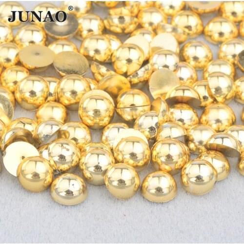 JUNAO 2 4 6 8 10 12 14mm Gold Color Half Round Pearl Flat Back Imitation Pearl Beads Crystal Applique Strass Scrapbook Crafts