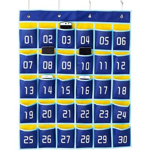 Numbered Pocket Chart Classroom Organizer for Cell Phones Calculator Holders (30 Pockets, Blue Pockets)