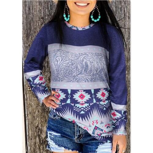 Vintage Long Sleeve National Wind Woman Tshirts 2021 Spring Fall Loose Oversize Pacthwork Print Graphic Tee O-neck Y2k Tops