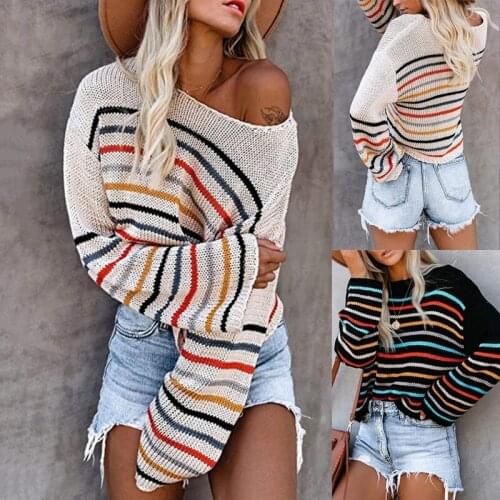 Spring New Colorful Striped Sweater For Women Autumn Wear Fashion One-collar Off-the-shoulder Lady Sweater Knitwear