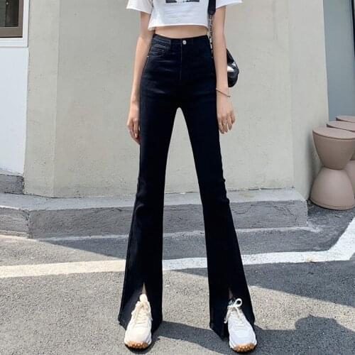 High Waist Split Flare Skinny Jeans Woman Korean Stretch Bell Bottom Mom Jeans Plus Size Denim Pants Jean Taille Haute Femme