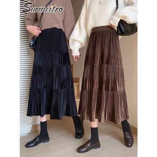 SURMIITRO Super Quality Velvet Long Skirt Women 2021 Spring Autumn Korean Style Aesthetic High Waist Pleated Midi Skirt Female