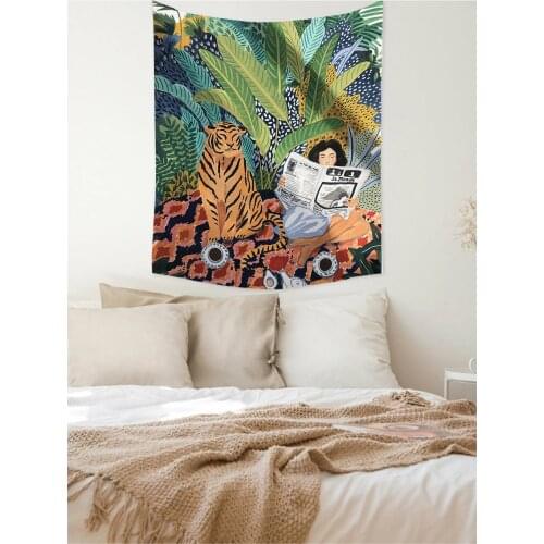 Woman Reading Newspaper, Tiger, Octopus Fairy, Living Room Mural Art Dormitory Decoration Cloth