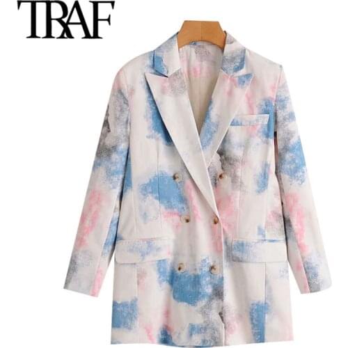 TRAF Women Fashion Double Breasted Tie-dye Blazers Coat Vintage Long Sleeve Pockets Female Outerwear Chic Tops