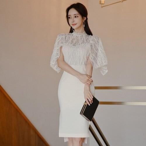 2020 Summer Patchwork Lace Dresses Cloak Sleeve Elegant Women Dress Office Lady Bodycon Vintage Sexy Party Pencil Dress Vestidos