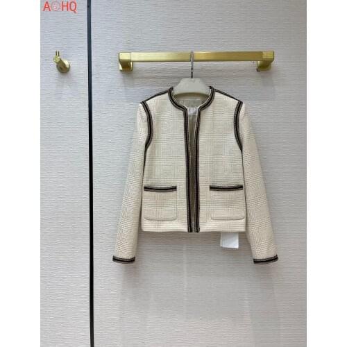 2021 High-End Luxury Spring Autumn Brand New Design Plaid Gold Wire Weaving Stitching Wool Mohair Jacket For Women Tops 33230