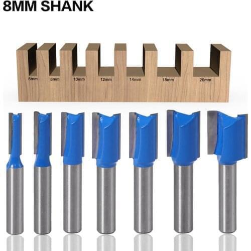 7PC 8mm Shank 6/8/10/12/14/18/20mm Cutting Diameter Straight Woodworking Router Bit Set Wood Cutter Milling Cutter Tool