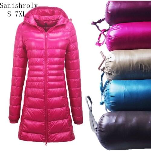 7XL Long Down Jacket Autumn Winter Women Ultra Light Wihte Duck Down Jacket Lightweight Hooded Down Coat Female Big Size Coat