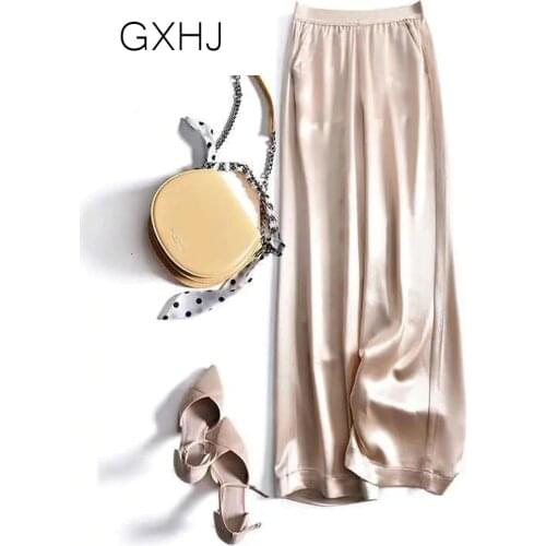 Wide Leg pants satin summer loose Mopping trousers Soft Ice Silk Black Wide Leg Pants Elastic Waist Solid Pants Long LHJ004