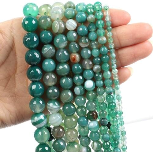 Natural Stone Beads Cut Surface Green Striped Agate Loose Beads for Jewelry Making Needlework DIY Bracelet Strand 4-12 MM