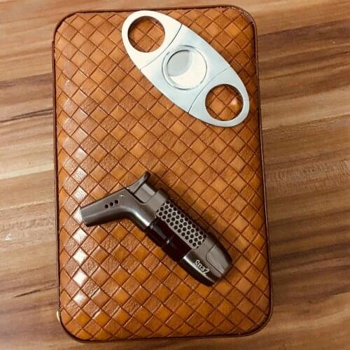 COHIBA Leather Cedar Lined Travel Cigar Case Humidor With Cutter Lighter Humidifier Set for 4 Cigar