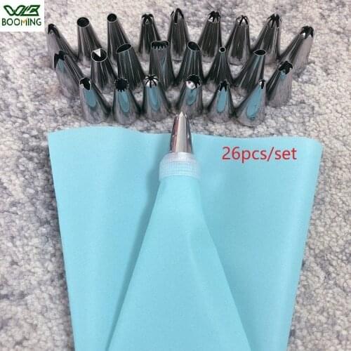 WBBOOMING 26pcs/set Stainless Pastry Bag &Nozzle DIY Cake Tool Reusable Baking Kitchen Tool 24 Nozzle+1 Rotary Union+ 1 Bag