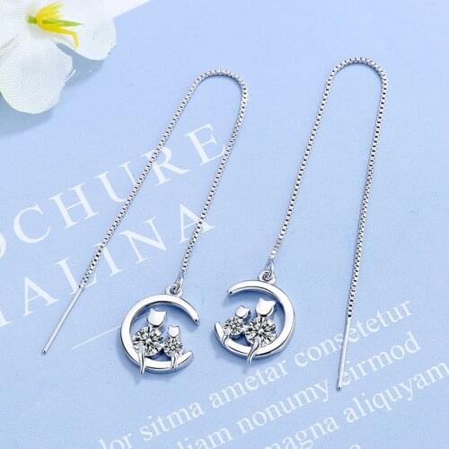 Small Cute Cat Moon Earrings for Women Girls Fashion Elegant Long Chain Hanging CZ Zircon Animal Charm Drop Earring Jewelry Gift