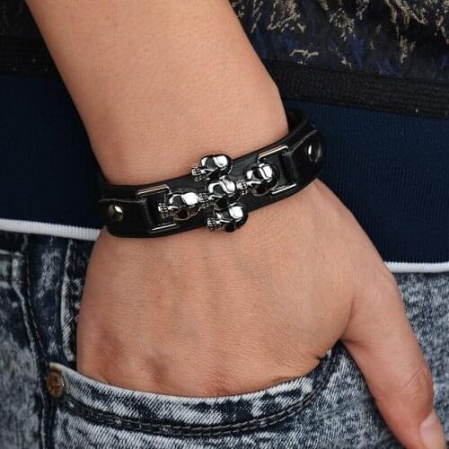 Fashion Punk Multiple Skulls Leather Bracelet For Men Double Skeleton Charm Bracelet Wrap Male Gift Bracelets Skulls Jewelry