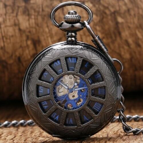 Fashion Retro Black Hollow Carriage Wheels Case Design With Blue Roman Number Skeleton Mechanical Pocket Watch Gift