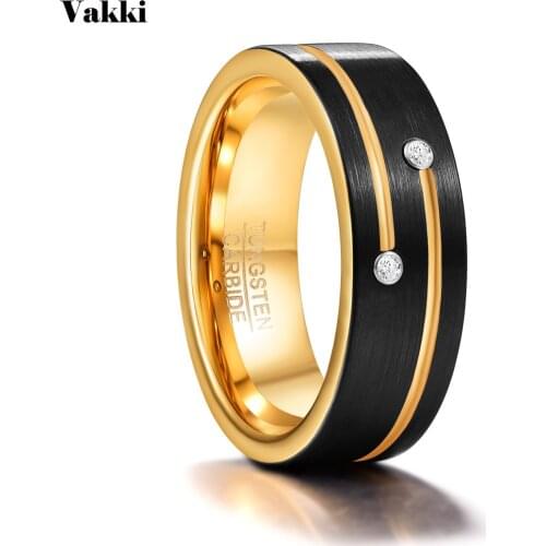 VAKKI Men Ring 8mm Black Tungsten Steel Ring with Two Gold Grooves Inlaid with 2 Zircons Rings Male Jewelry