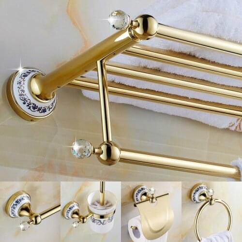 European Gold Crystal Bathroom Hardware Set Brass Bathroom Accessories Bathroom Wall Hanging Storage Rack Towel Paper Holder