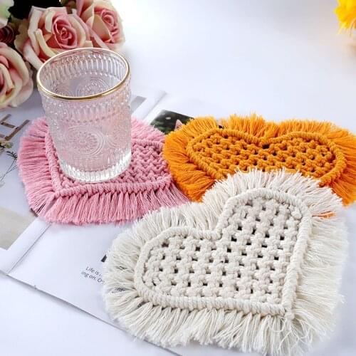Macrame Coasters Set Handwoven Cup Mat With Tassels Dining Table Heat Protective Decor Pad For Drinks Absorbent Heart Shaped