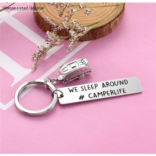 Personalized Master Engraved "We sleep around # CAMPERLIFE" Keychain Custom Text House Car Keychains DIY Keyring Traveling Gift