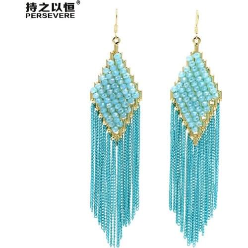 Hot Trend Crystal Beaded Rhombus dangle Long Chain Tassel Earrings For Women ladies bohemian Handmade fashion jewelry 2020