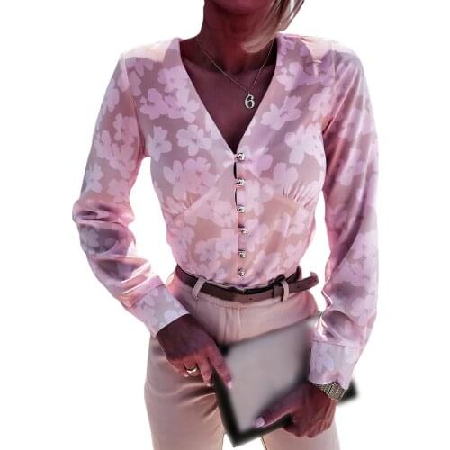 Women’s Spring Summer Button Down Shirts, Sexy V Neck Elegent Long Sleeve Casual Floral Print Slim Fitted Tops