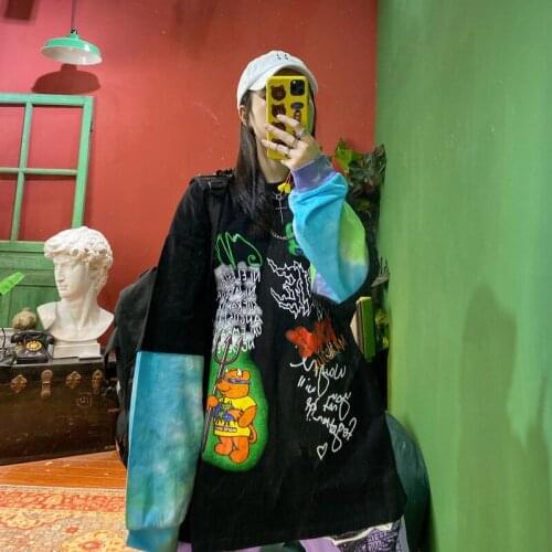 Spring 2020 Street hip hop tie dye printing loose large BF boyfriend fake two long sleeve t-shirt female trend TEES T-SHIRTS