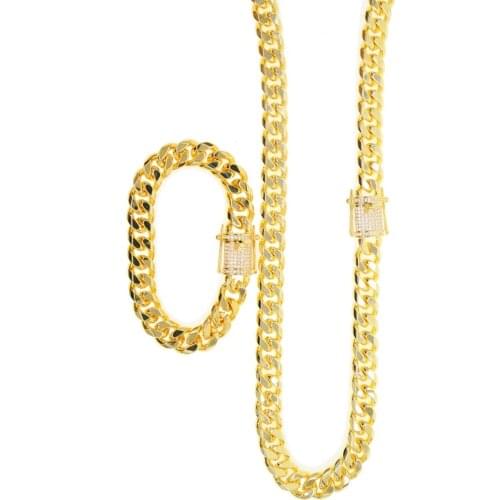 Top quality gold color 10.5mm wide link chain hip hop cool boy men jewelry micro pave cz cuban link chain bracelet necklace set