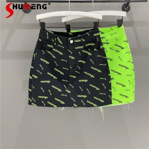 2021 Summer New Korean Style Fashion Womens High Waist A- Line Skirt Personality Fluorescent Green Letter Denim Skirt