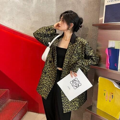 Korean Leopard Print Stitching Satin Notched Collar Women Green Blazers Streetwear Loose Vintage Double Breasted Casual Autumn