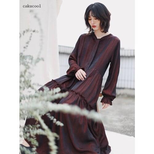 Cakucool Spring 2020 new design solid color simple dress mid-length lotus leaf bubble sleeve wine red big dress