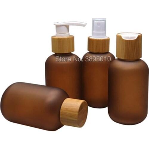 120ml Amber Frosted Plastic Lotion Bottle with Bamboo Cap(Screw Lid/Pump Nozzle/Spray Atomizer/Chiaki Cover) F956
