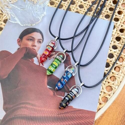 4pcs/set Hexagonal Column Necklaces Natural Crystal Pendants Stone Pendant Leather Chains Necklace For Women Fashion Jewelry