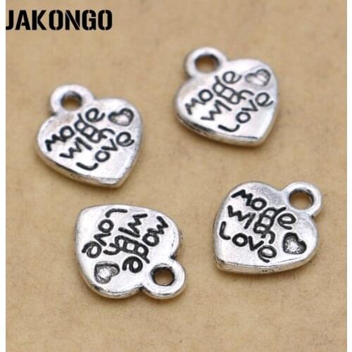 Antique Silver Plated Made with Love Heart Charms Pendants for Necklace Jewelry Making DIY Handmade Craft 13x11mm