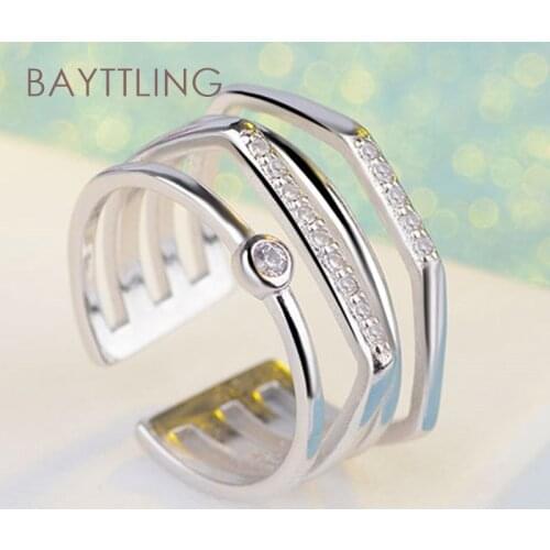 BAYTTLING S925 Sterling Silver Four Layers Exquisite Zircon Open Ring For Women Fashion Wedding Jewelry Birthday Gift