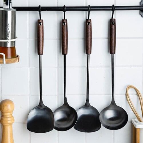 Black Retro Stainless Steel Beech and Soup Ladle Heat Resistant Seamless Kitchen Wooden Handle Cookware Cooking Tools Spoon