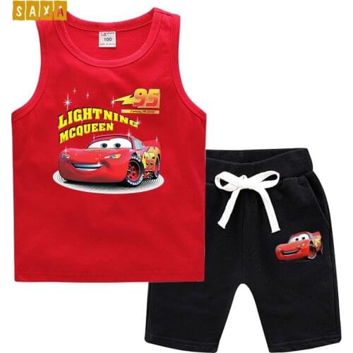 Childrens suit 2019 summer baby vest suit boy cotton cartoon print sleeveless vest + shorts two-piece childrens casual suit