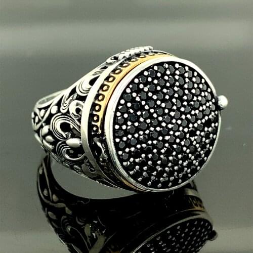 Mens Handmade Ring , Clamshell Male Ring , Black Stone Ring , Zircon Stone Ring , Turkish Handmade 925 Sterling Silver , Gift Fo