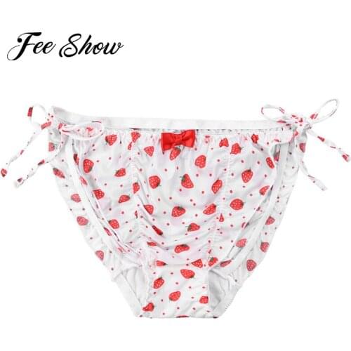 Women Cute Japanese style bikini Briefs Panties Nylon Sex Lingerie low rise underpants Side Tie Strawberry Print Thong Underwear