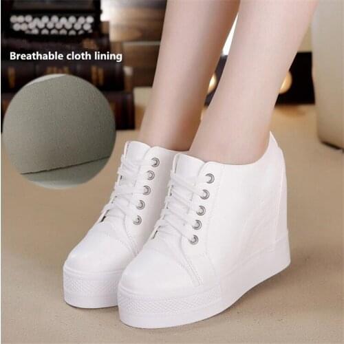 Quality Leather High Platform Sneakers Breathable Women Shoes Slip on Lace up Women Shoes Casual Height Increasing Wedge Shoes