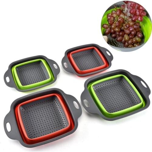 Basket Fruit Basket Food Tray Strainer Filter Stretch Kitchen Multi-function Vegetable Folding Square Kitchen Tools Hollow Out