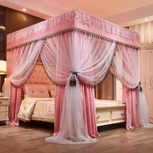 Luxury Pink Red Blue Two Floors Three Doors Square Floor-standing Shading Princess Lace Bed Mantle Mosquito Net Room Decoration
