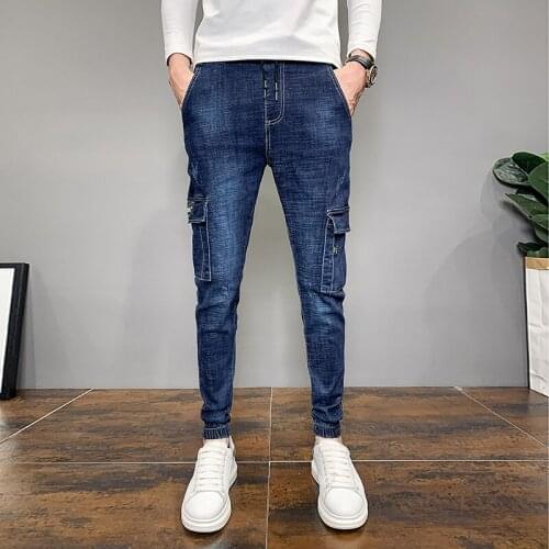 Fashion 2020 Korean Slim Fit Side Pockets Denim Jeans Men Clothing Simple All Match Solid Jeans Joggers Trousers Blue 36-28 Sale