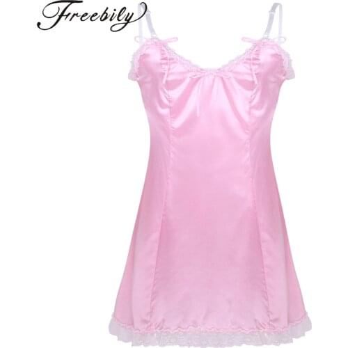 Mens Lingerie Dress Sissy Satin Lace Slip Dress Gay Sexy Pink Costume Pajamas Nightwear Underwear