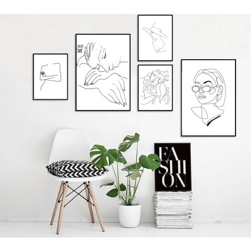 Wall Art Line Drawing Girl Print Poster Women Portrait Sketch Black White Canvas Painting Wall Picturs For Living Room Decor