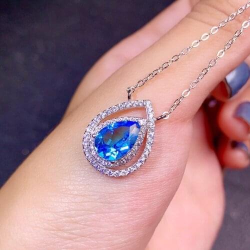 925 New Fashion Pendant Necklace Drop-shaped Temperament Simulation Sea Blue Topaz Full Diamond Clavicle Chain For Women Jewelry