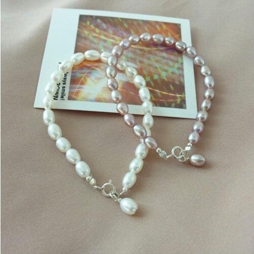 New natural cultured freshwater pearl 6-7MM white purple pearl Tibetan silver wild simple pearl bracelet