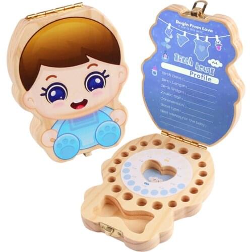 Baby Wood Tooth Box Organizer Spanish English Teeth Storage Collect for Boys Girls Umbilical Save Keepsake Souvenir