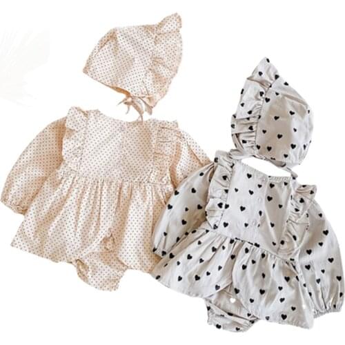 Autumn Baby Bodysuit Baby Girls Clothes Long Sleeve Newborn Baby Clothes Heart Print Bodysuit and Hat Pure Cotton Baby Outfit